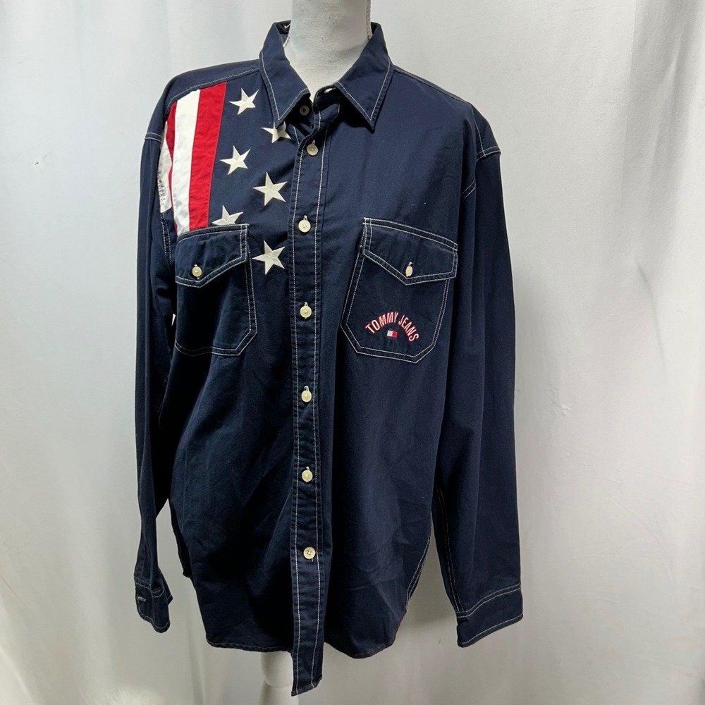 Tommy Jeans Mens L Graphic Star Flag Long Sleeve Button Up Shirt Navy‎ Blue